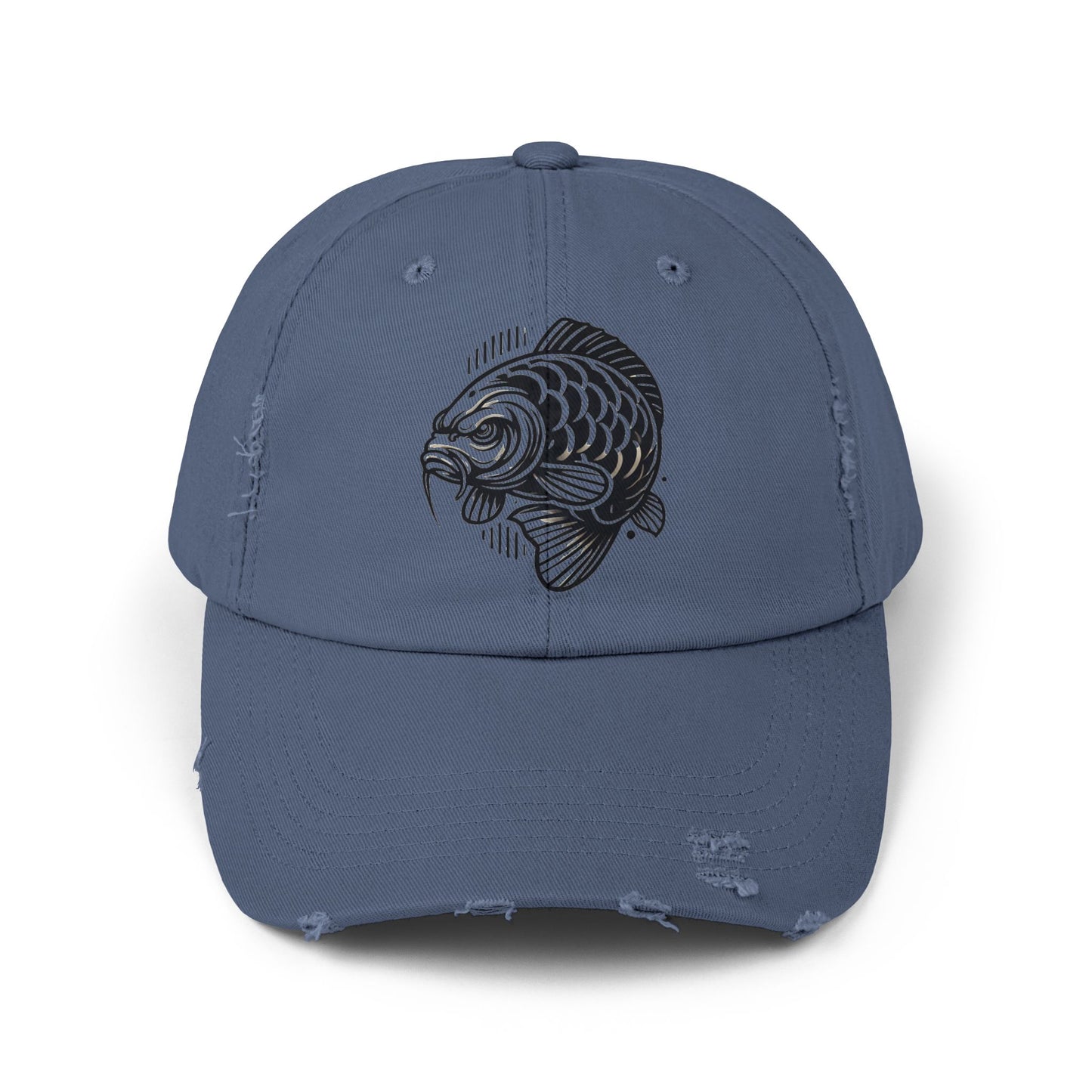 "Angry Carp" Distressed Cotton Twill Hat – Durable Style for Outdoor Enthusiasts 🎣✨