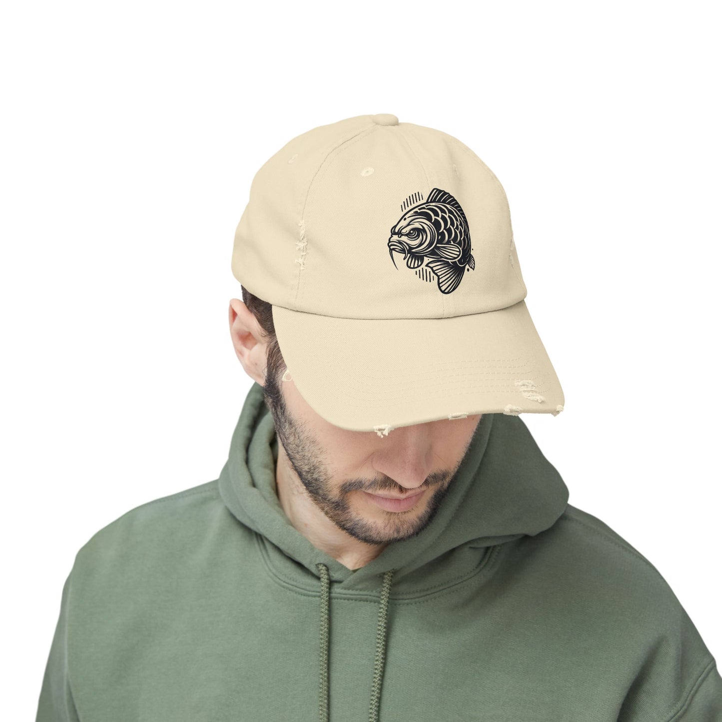 "Angry Carp" Distressed Cotton Twill Hat – Durable Style for Outdoor Enthusiasts 🎣✨