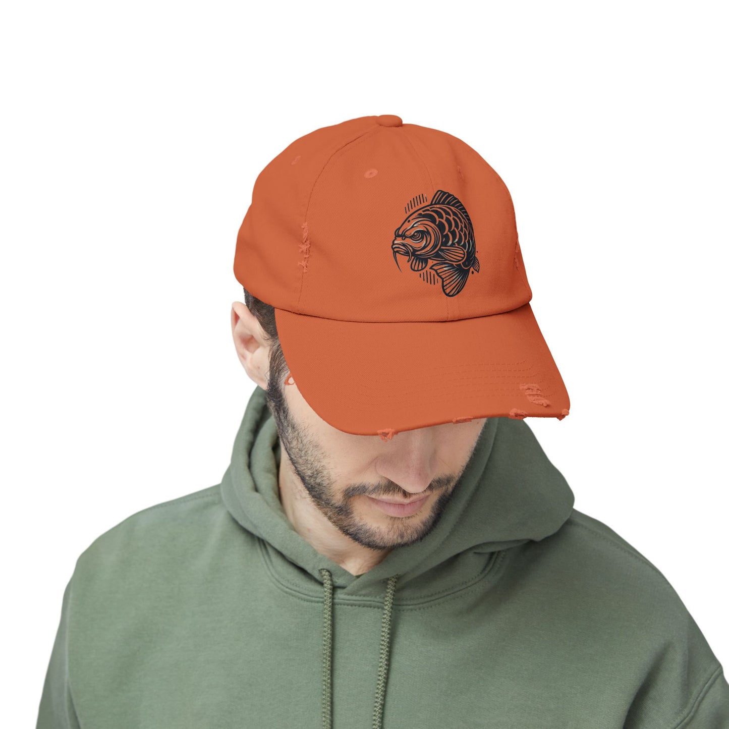 "Angry Carp" Distressed Cotton Twill Hat – Durable Style for Outdoor Enthusiasts 🎣✨