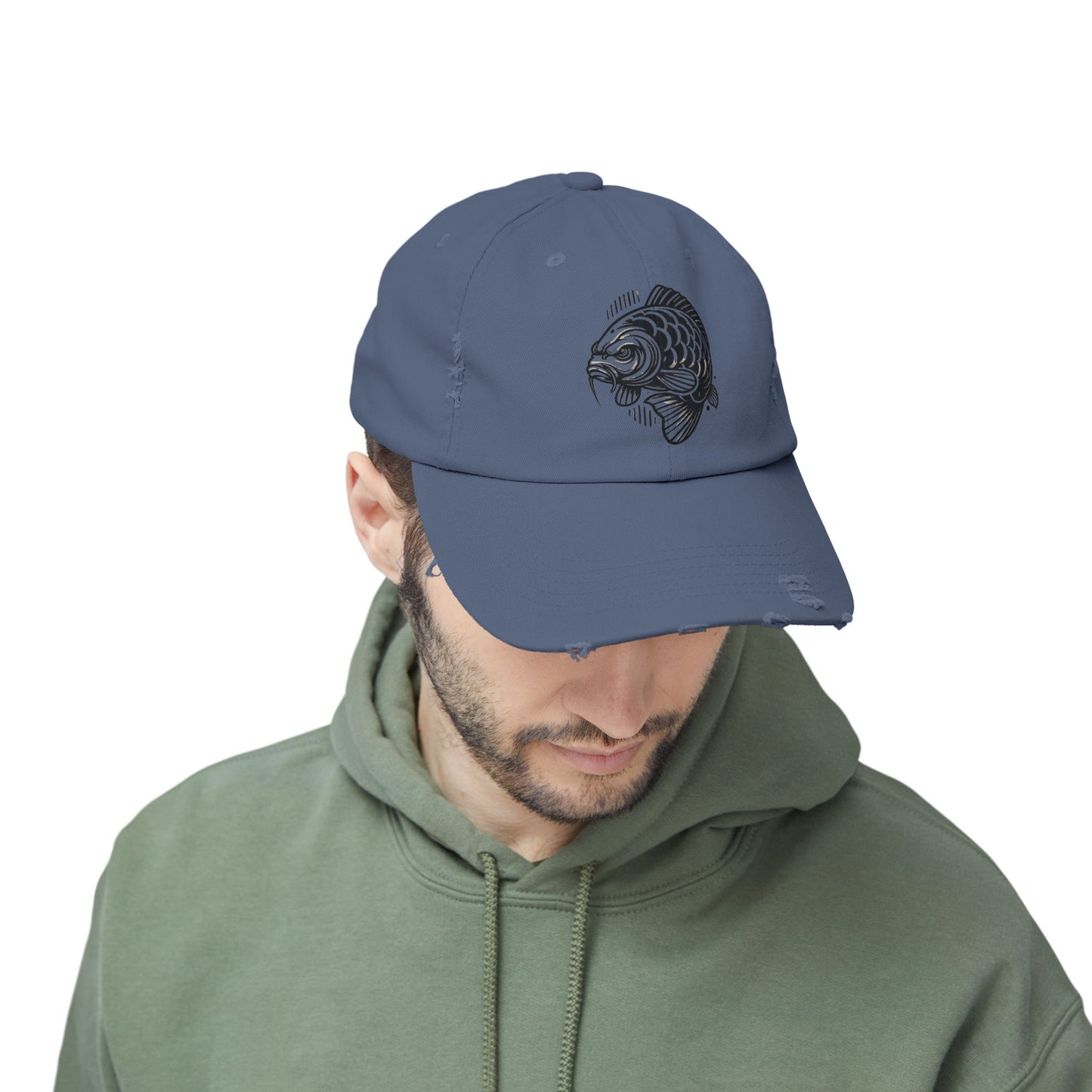 "Angry Carp" Distressed Cotton Twill Hat – Durable Style for Outdoor Enthusiasts 🎣✨
