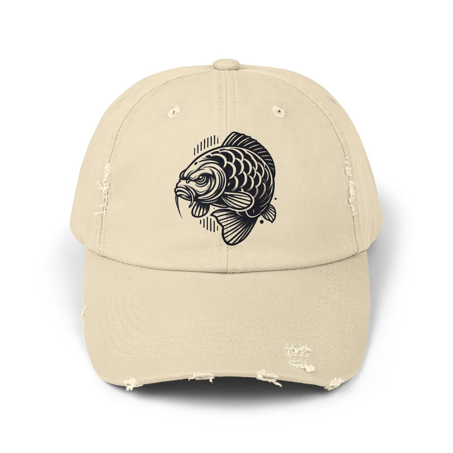 "Angry Carp" Distressed Cotton Twill Hat – Durable Style for Outdoor Enthusiasts 🎣✨