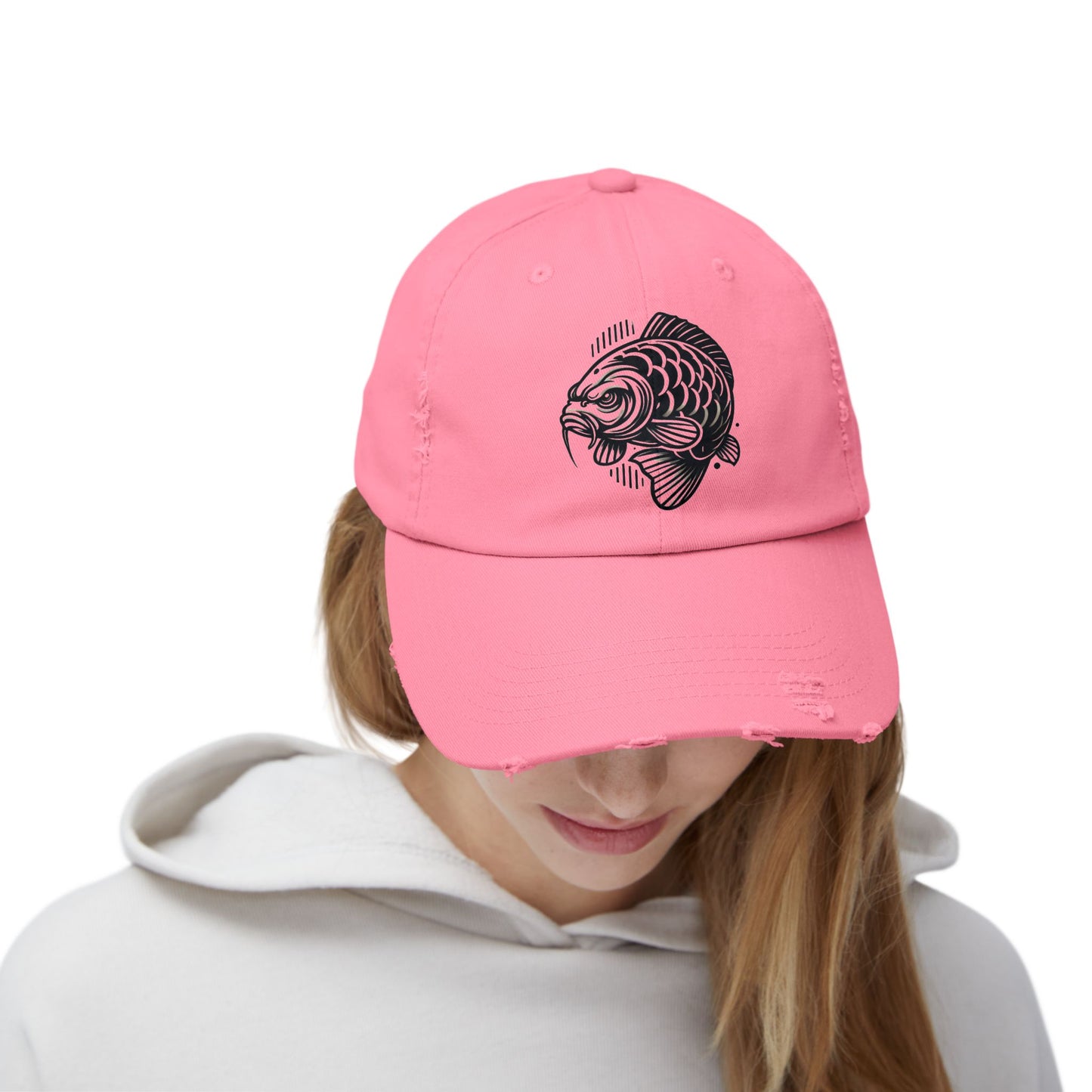 "Angry Carp" Distressed Cotton Twill Hat – Durable Style for Outdoor Enthusiasts 🎣✨