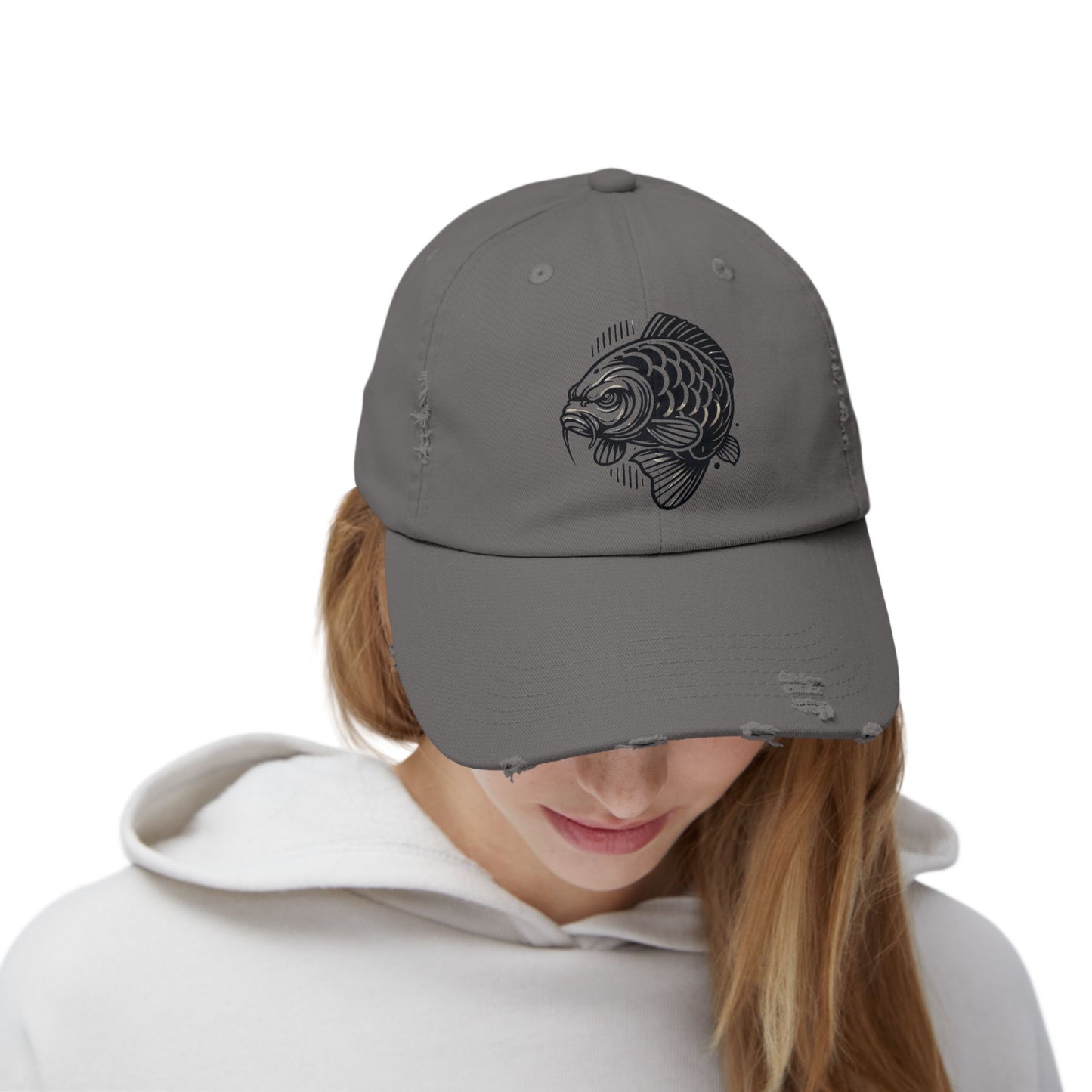 "Angry Carp" Distressed Cotton Twill Hat – Durable Style for Outdoor Enthusiasts 🎣✨