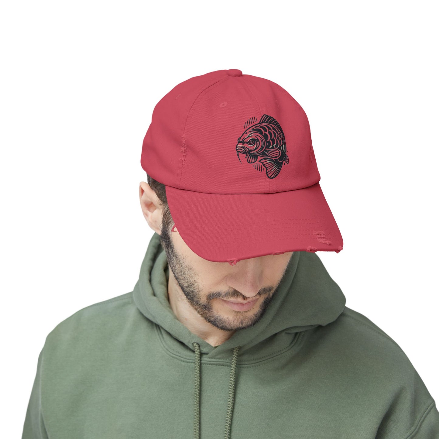 "Angry Carp" Distressed Cotton Twill Hat – Durable Style for Outdoor Enthusiasts 🎣✨