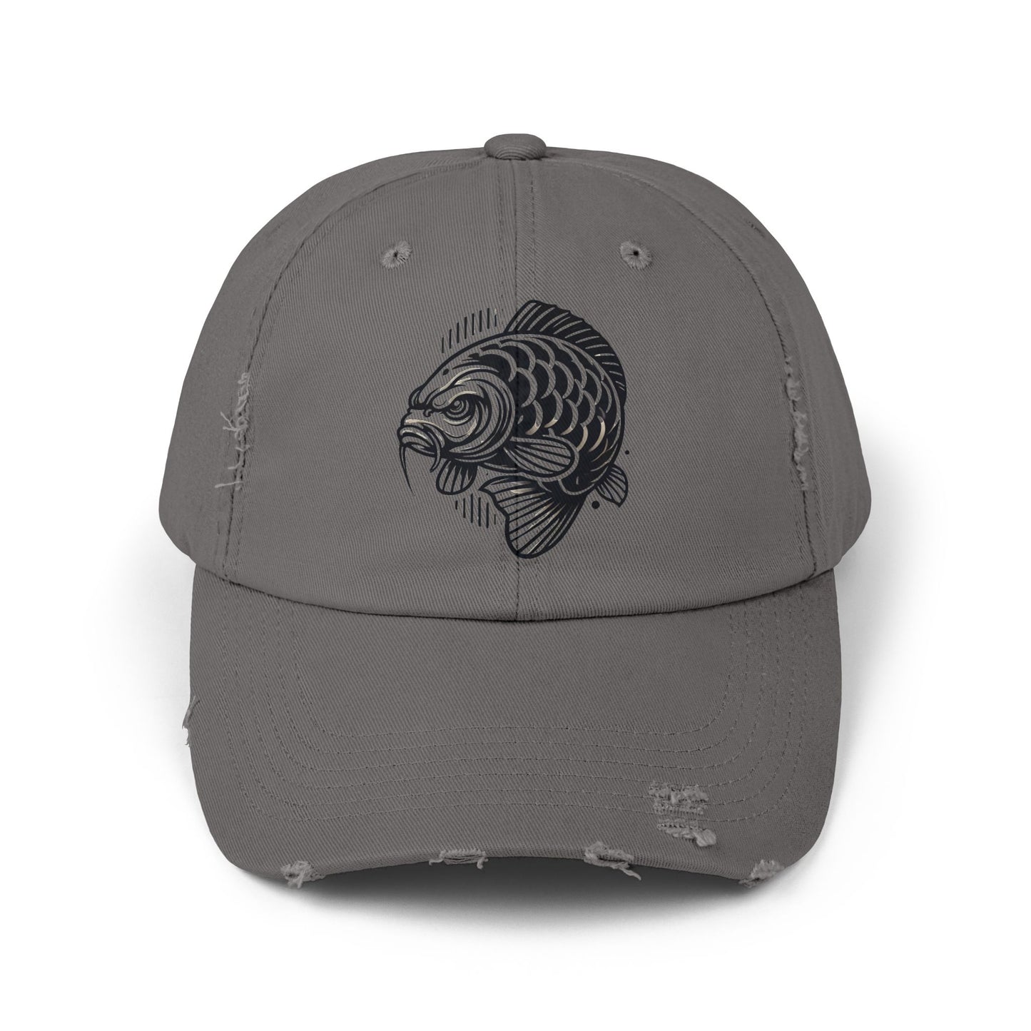 "Angry Carp" Distressed Cotton Twill Hat – Durable Style for Outdoor Enthusiasts 🎣✨
