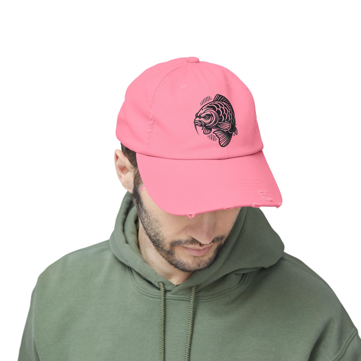 "Angry Carp" Distressed Cotton Twill Hat – Durable Style for Outdoor Enthusiasts 🎣✨