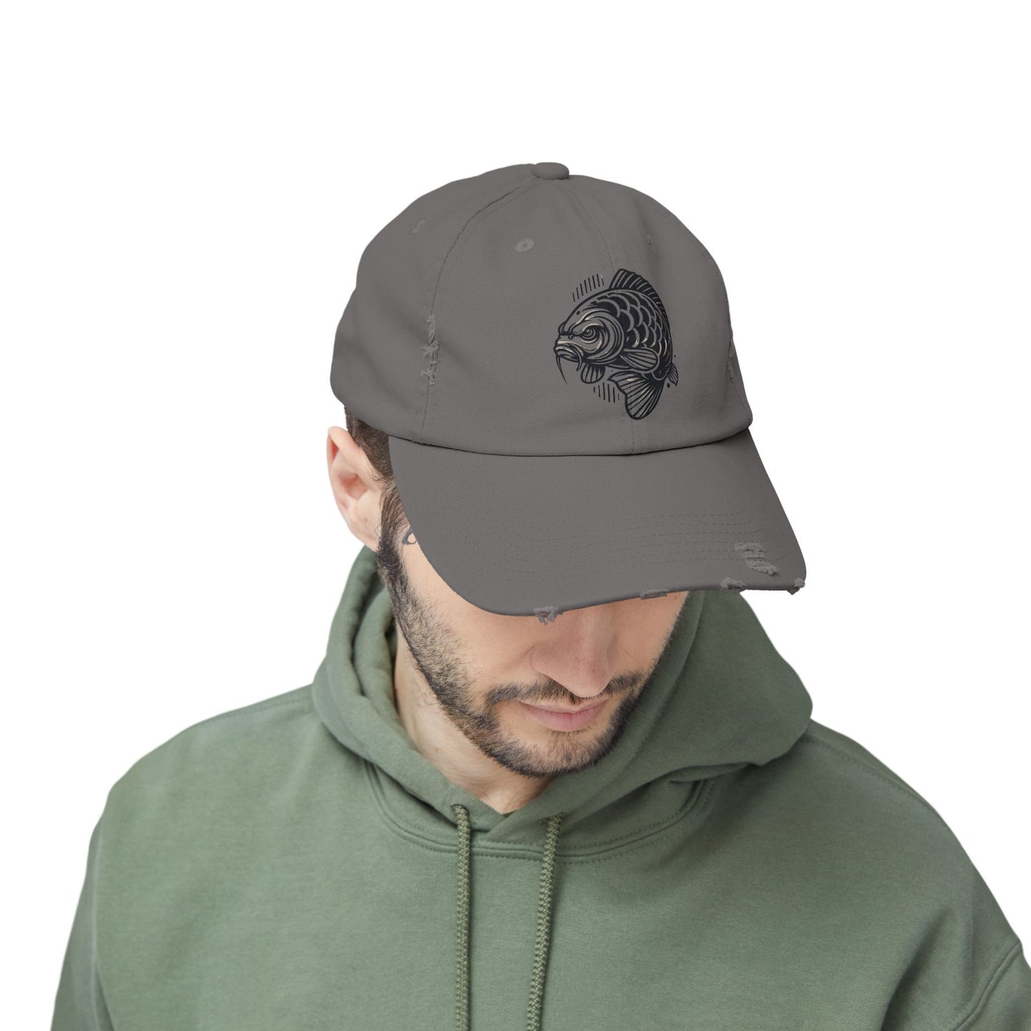 "Angry Carp" Distressed Cotton Twill Hat – Durable Style for Outdoor Enthusiasts 🎣✨