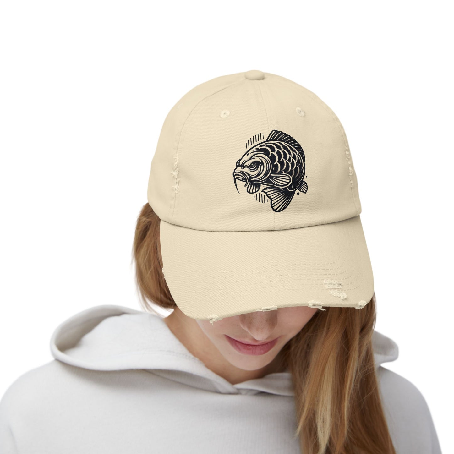 "Angry Carp" Distressed Cotton Twill Hat – Durable Style for Outdoor Enthusiasts 🎣✨