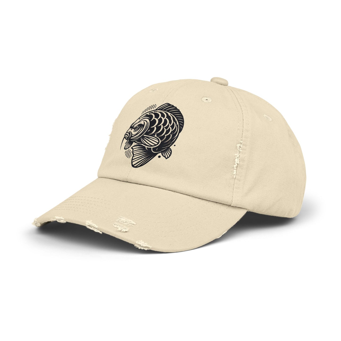 "Angry Carp" Distressed Cotton Twill Hat – Durable Style for Outdoor Enthusiasts 🎣✨