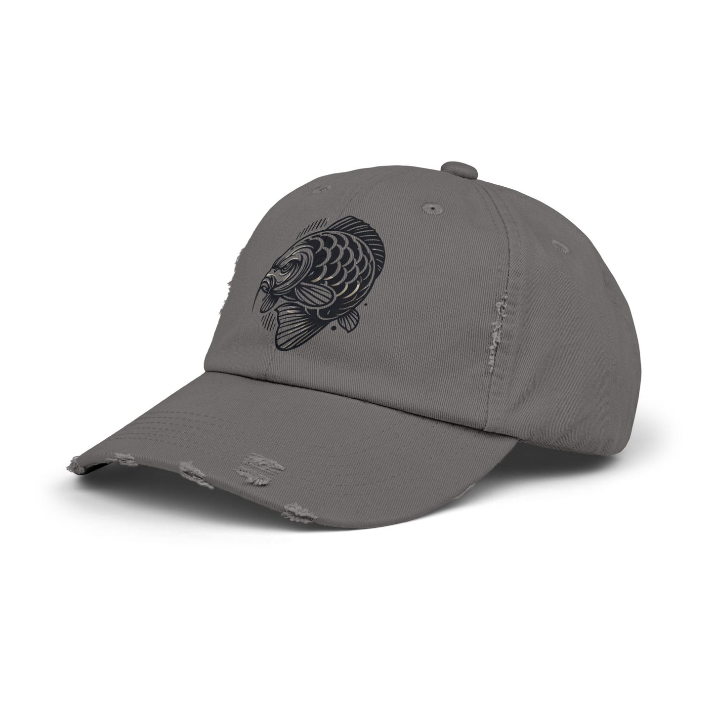 "Angry Carp" Distressed Cotton Twill Hat – Durable Style for Outdoor Enthusiasts 🎣✨
