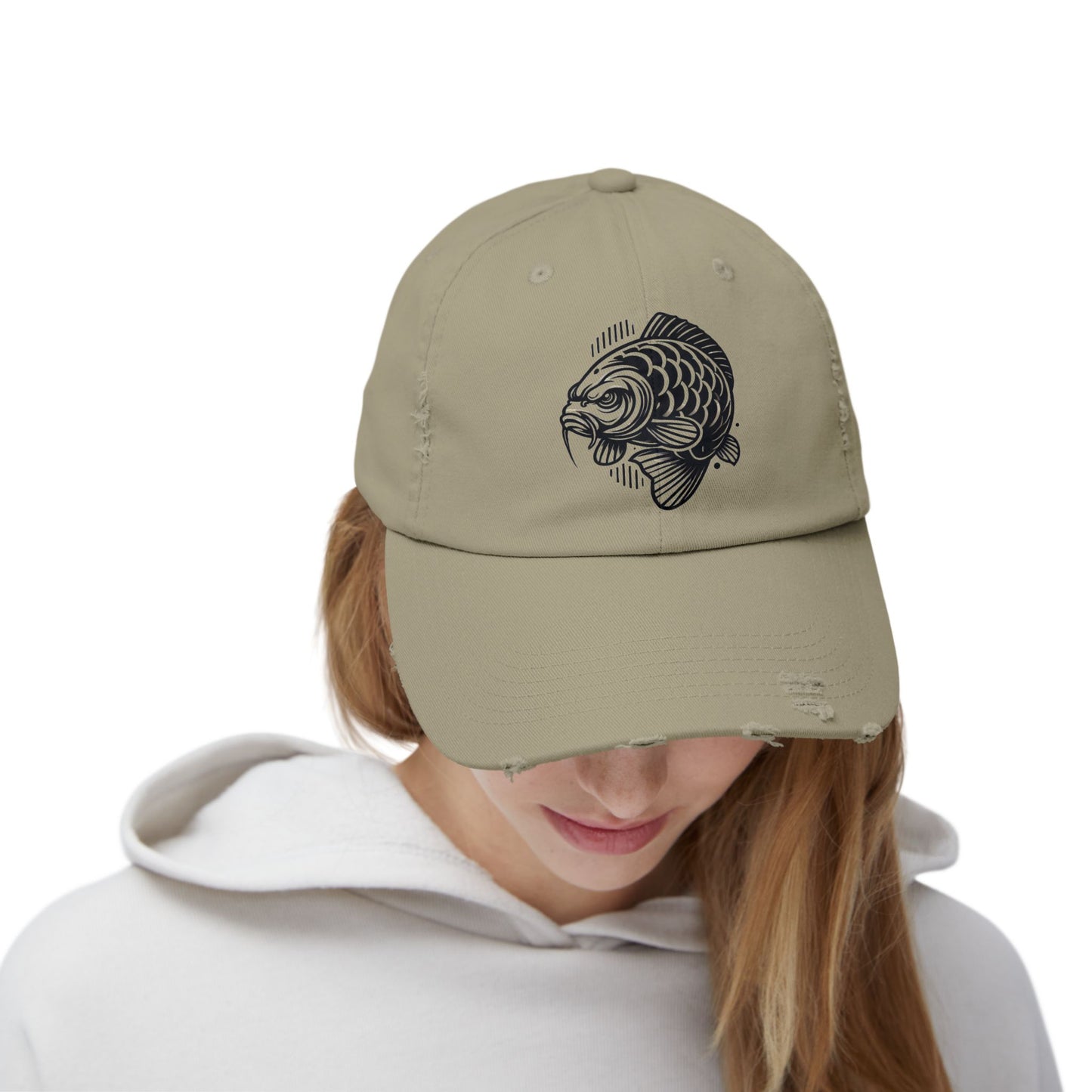 "Angry Carp" Distressed Cotton Twill Hat – Durable Style for Outdoor Enthusiasts 🎣✨