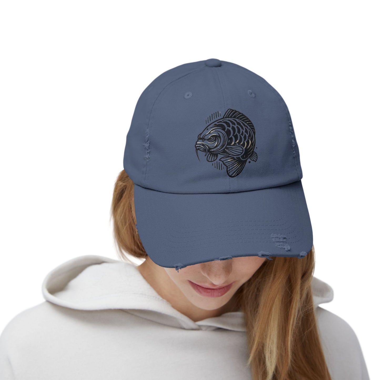 "Angry Carp" Distressed Cotton Twill Hat – Durable Style for Outdoor Enthusiasts 🎣✨
