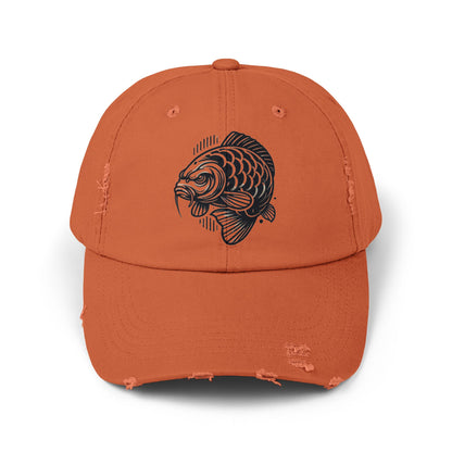 "Angry Carp" Distressed Cotton Twill Hat – Durable Style for Outdoor Enthusiasts 🎣✨