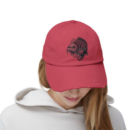 "Angry Carp" Distressed Cotton Twill Hat – Durable Style for Outdoor Enthusiasts 🎣✨