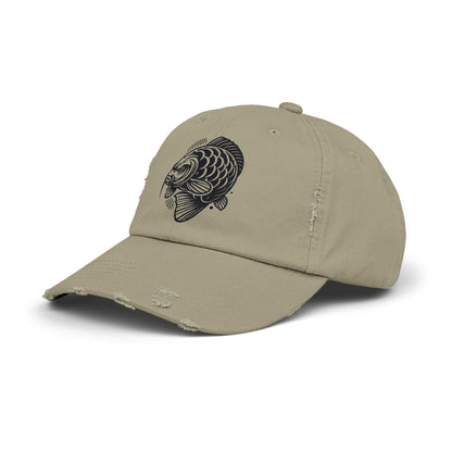 "Angry Carp" Distressed Cotton Twill Hat – Durable Style for Outdoor Enthusiasts 🎣✨