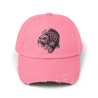 "Angry Carp" Distressed Cotton Twill Hat – Durable Style for Outdoor Enthusiasts 🎣✨