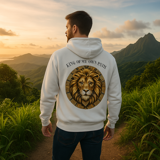 King of My Own Path" Hoodie – Majestic Lion Design with Geometric Flair